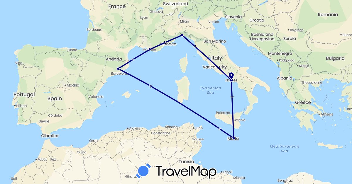 TravelMap itinerary: driving in Spain, France, Italy, Malta (Europe)